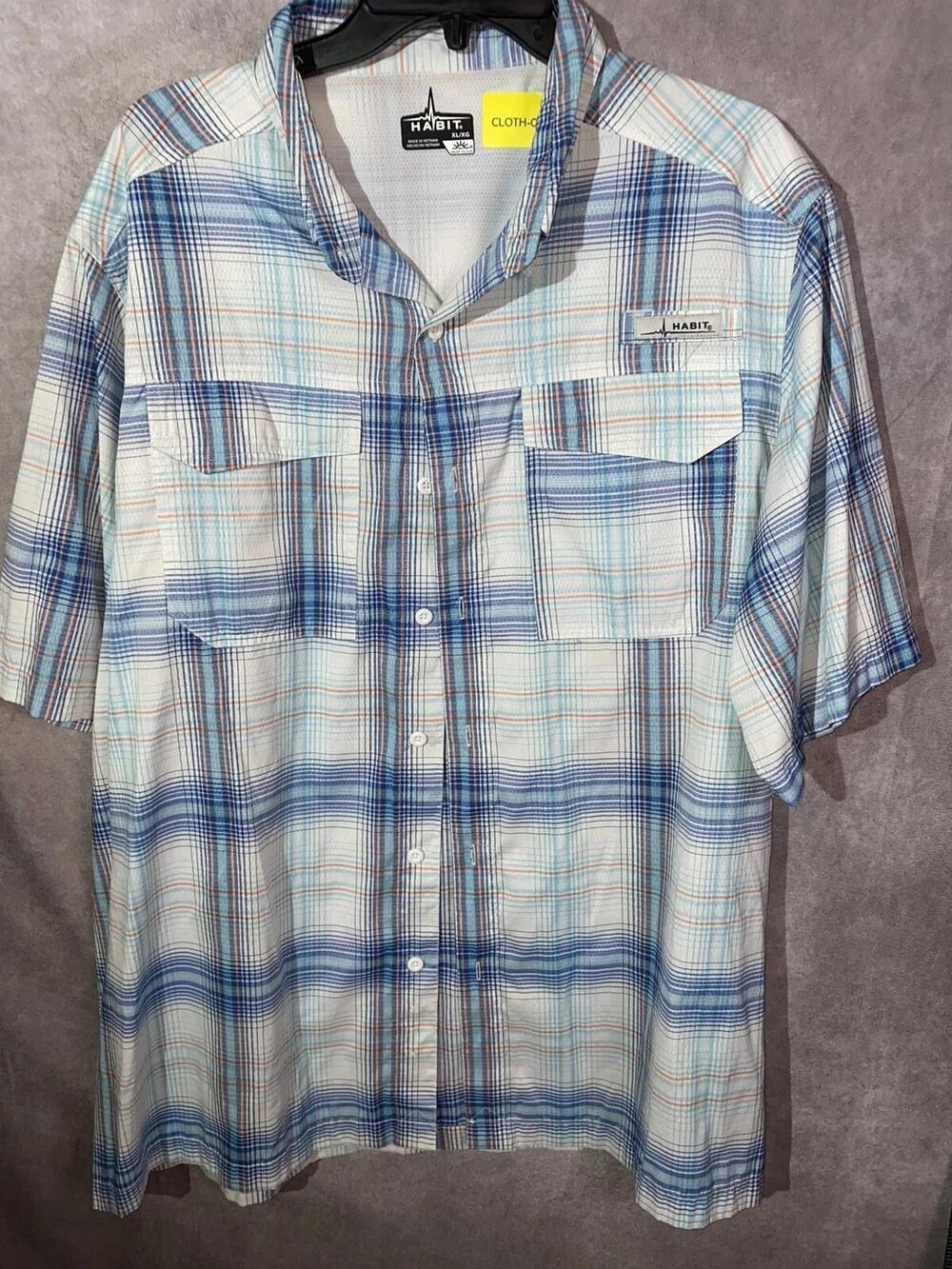Habit Shirt Mens XL Blue Plaid Button Up Short Sleeve Pockets Polyester